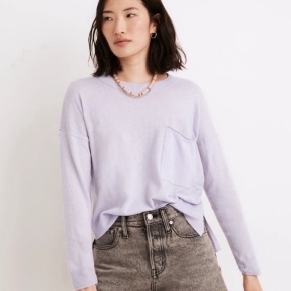 Madewell Linen Blend Front Pocket Lightweight Sweater Side Slit Ribbed Trim M - Picture 1 of 8